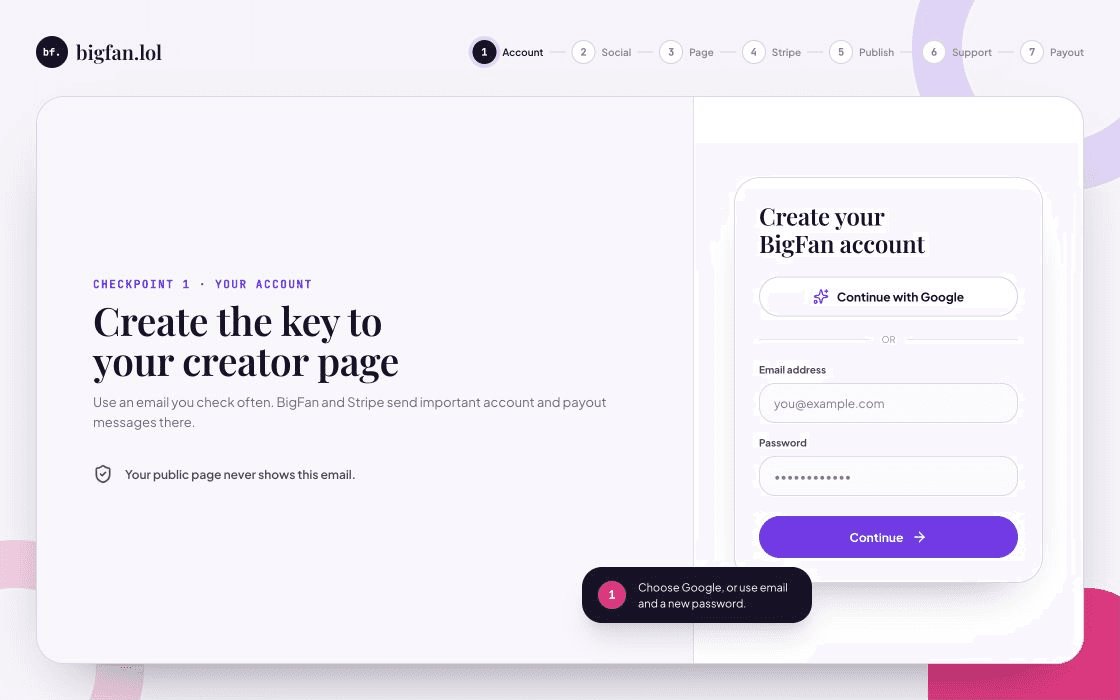 Illustrated BigFan registration screen with Google, email, and password choices