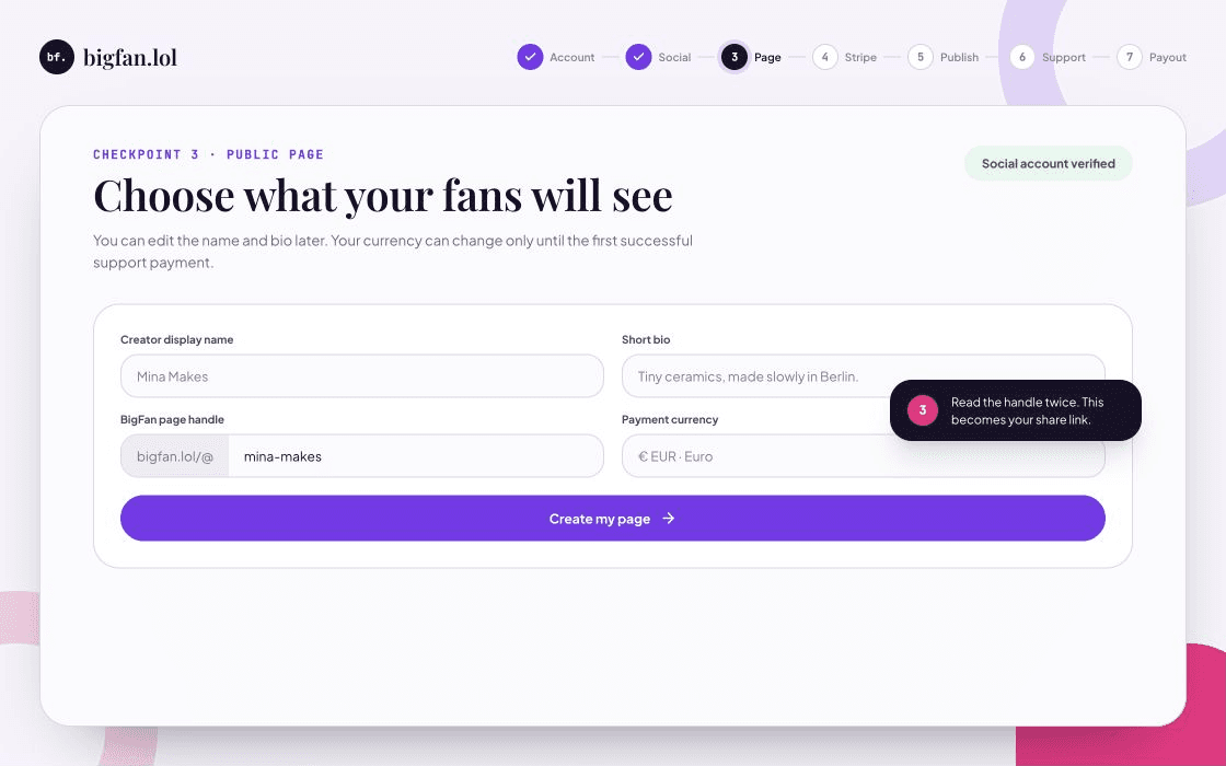 Illustrated creator page form with display name, bio, BigFan handle, and currency