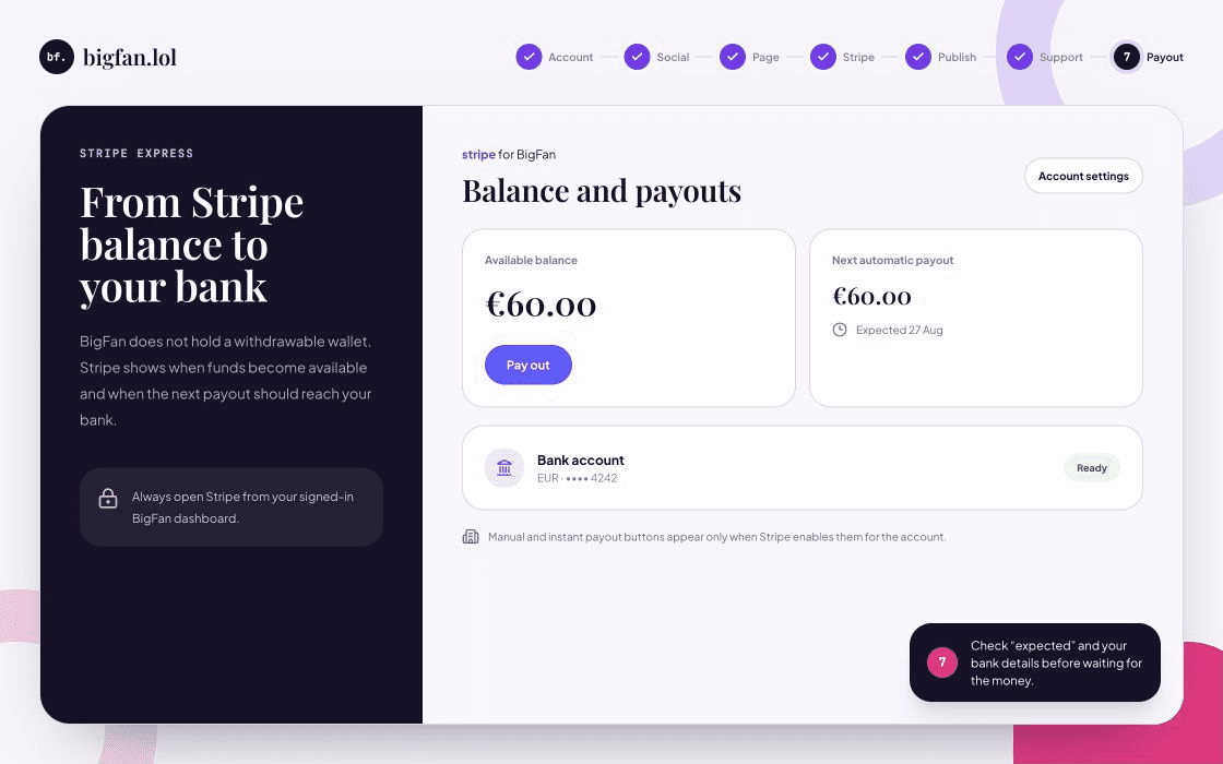 Illustrated Stripe Express balance screen with available funds, next payout, and bank account