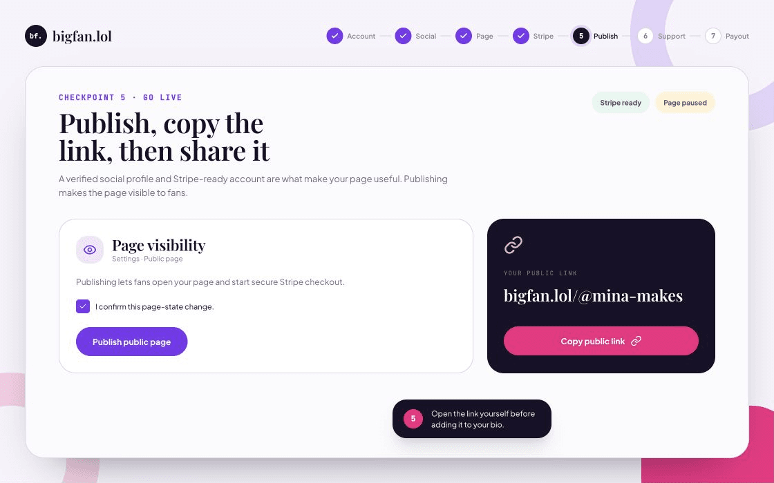 Illustrated BigFan settings screen with page publishing and public link controls