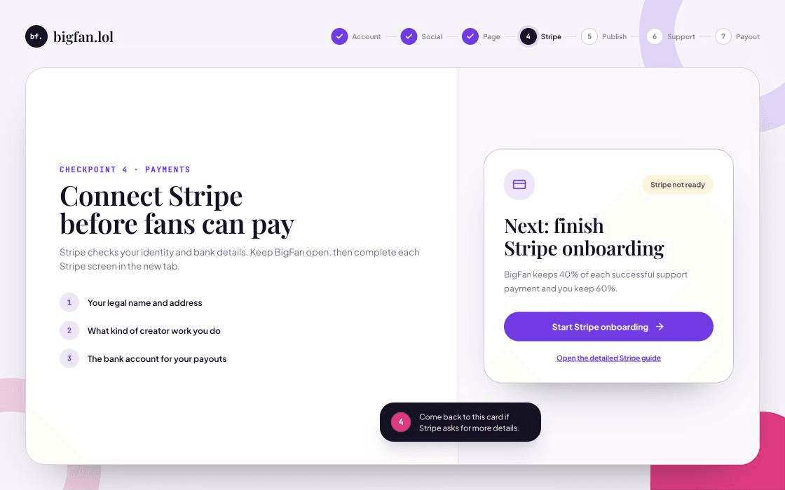 Illustrated BigFan dashboard card prompting the creator to start Stripe onboarding