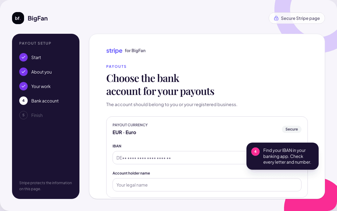 Illustration of a Stripe payout form with IBAN and account holder name fields