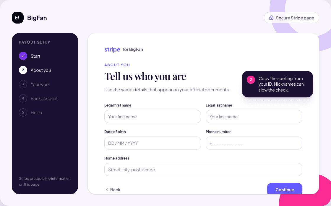 Illustration of Stripe fields for legal name, birth date, phone number, and address