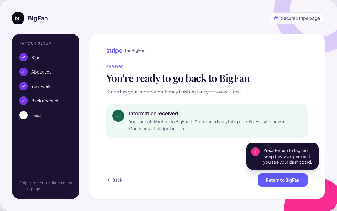 Illustration of the Stripe review screen with a Return to BigFan button