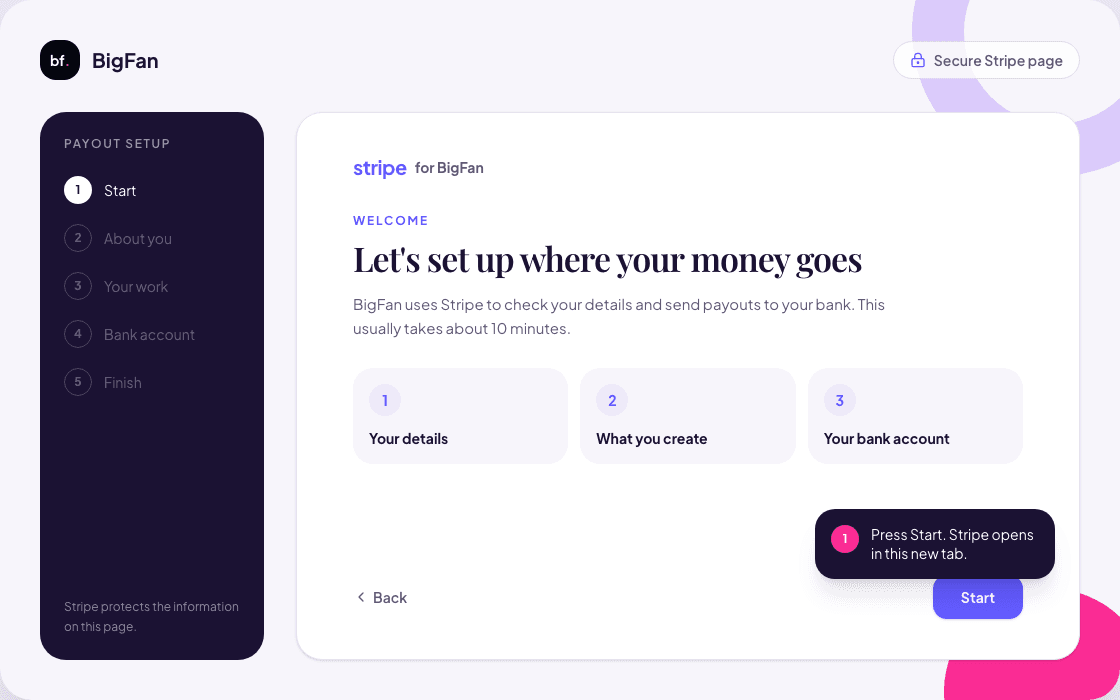 Illustration of the first Stripe onboarding screen with the Start button highlighted