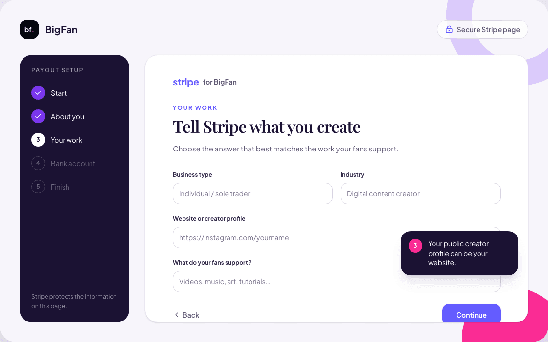 Illustration of Stripe fields for business type, creator profile, and a description of the work